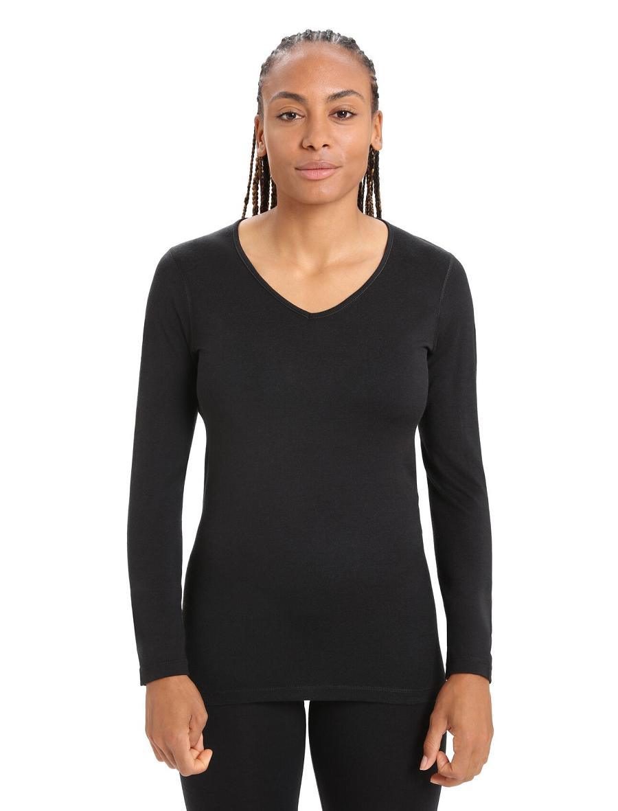 Women\'s Icebreaker Merino 200 Oasis Long Sleeve V Neck Thermal Top Base Layers Black | CA 1094FDNM